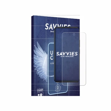 Face avant d’un emballage produit avec le logo de la marque Savvies. À côté, l’appareil TCL 60 5G est représenté avec la prote