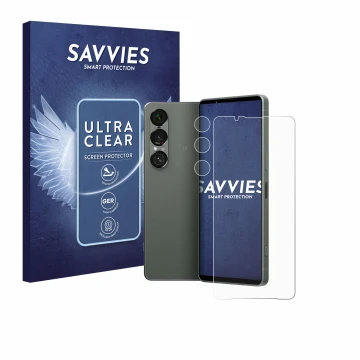 Face avant d’un emballage produit avec le logo de la marque Savvies. À côté, l’appareil Sony Xperia 1 VII (Avant+Caméra) est r