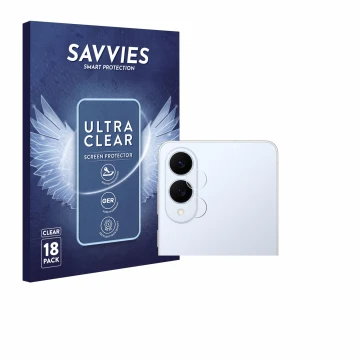 Face avant d’un emballage produit avec le logo de la marque Savvies. À côté, l’appareil Samsung Galaxy S25 Edge (Caméra UNIQUE