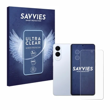 Face avant d’un emballage produit avec le logo de la marque Savvies. À côté, l’appareil Samsung Galaxy S25 Edge (Avant+Caméra)