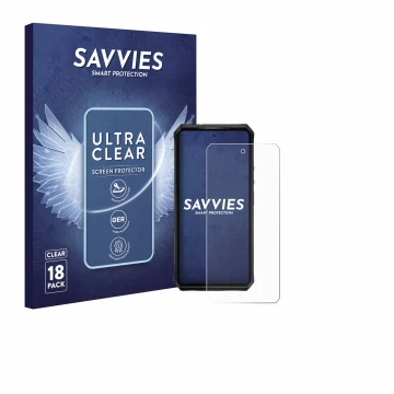 Face avant d’un emballage produit avec le logo de la marque Savvies. À côté, l’appareil Ulefone Armor 28 Pro est représenté av