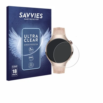 Face avant d’un emballage produit avec le logo de la marque Savvies. À côté, l’appareil Huawei Watch 5 (42 mm) est représenté 