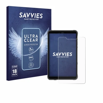 Face avant d’un emballage produit avec le logo de la marque Savvies. À côté, l’appareil Ulefone Armor Pad Pro est représenté a