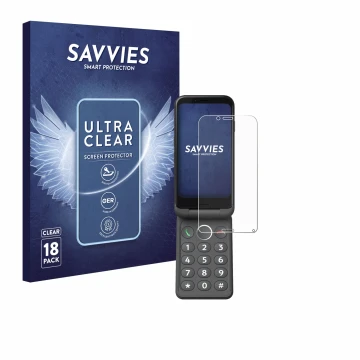 Face avant d’un emballage produit avec le logo de la marque Savvies. À côté, l’appareil Doro Aurora A20 est représenté avec la