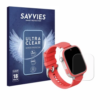 Face avant d’un emballage produit avec le logo de la marque Savvies. À côté, l’appareil AngelTech Kids Smartwatch Ultra 1.83