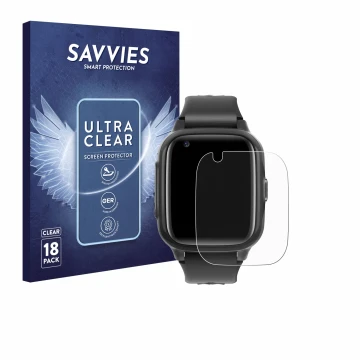 Face avant d’un emballage produit avec le logo de la marque Savvies. À côté, l’appareil Krostming Kids Smartwatch GPS 4G est r