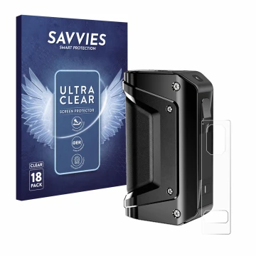 Face avant d’un emballage produit avec le logo de la marque Savvies. À côté, l’appareil GeekVape Aegis Legend 3 est représenté