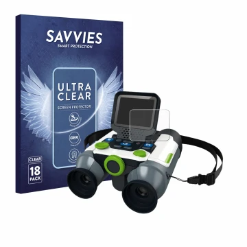 Face avant d’un emballage produit avec le logo de la marque Savvies. À côté, l’appareil Vtech Jumelles vidéo interactive est r