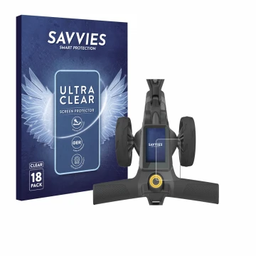 Face avant d’un emballage produit avec le logo de la marque Savvies. À côté, l’appareil PowaKaddy CT10 est représenté avec la 