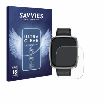 Face avant d’un emballage produit avec le logo de la marque Savvies. À côté, l’appareil Amazfit Active 2 (rectangulaire) est r