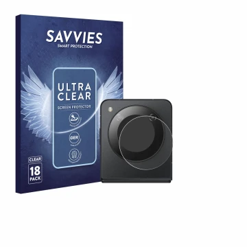 Face avant d’un emballage produit avec le logo de la marque Savvies. À côté, l’appareil Nubia Flip 5G (Caméra UNIQUEMENT) est 