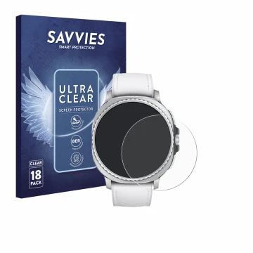 Face avant d’un emballage produit avec le logo de la marque Savvies. À côté, l’appareil Samsung Galaxy Watch 8 Classic (46 mm)