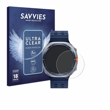 Face avant d’un emballage produit avec le logo de la marque Savvies. À côté, l’appareil Samsung Galaxy Watch Ultra 2 (47 mm) e