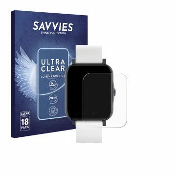 Face avant d’un emballage produit avec le logo de la marque Savvies. À côté, l’appareil QNix Smartwatch est représenté avec la