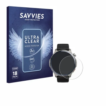 Face avant d’un emballage produit avec le logo de la marque Savvies. À côté, l’appareil Huami Amazfit Balance 2 est représenté