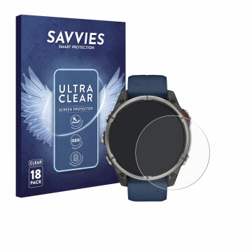 Face avant d’un emballage produit avec le logo de la marque Savvies. À côté, l’appareil Garmin quatix 8 (47 mm) est représenté