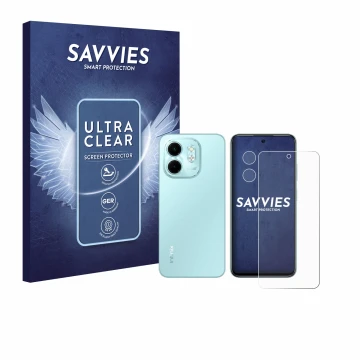 Face avant d’un emballage produit avec le logo de la marque Savvies. À côté, l’appareil Infinix Smart 9 (Avant+Caméra) est rep