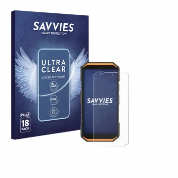 Face avant d’un emballage produit avec le logo de la marque Savvies. À côté, l’appareil Ulefone Armor X32 Pro est représenté a