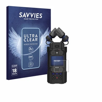Face avant d’un emballage produit avec le logo de la marque Savvies. À côté, l’appareil Zoom H5 Studio est représenté avec la 