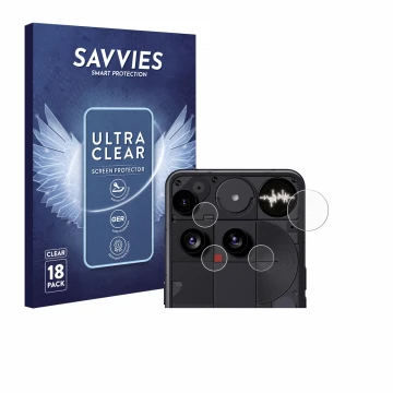 Face avant d’un emballage produit avec le logo de la marque Savvies. À côté, l’appareil Nothing Phone (3) (Caméra UNIQUEMENT) 