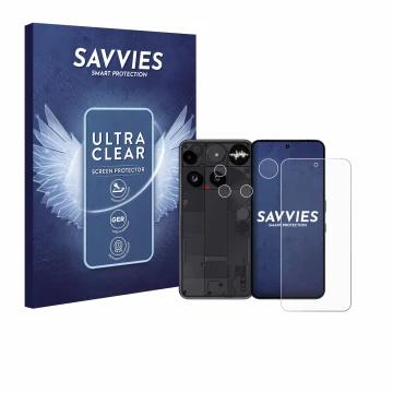 Face avant d’un emballage produit avec le logo de la marque Savvies. À côté, l’appareil Nothing Phone (3) (Avant+Caméra) est r