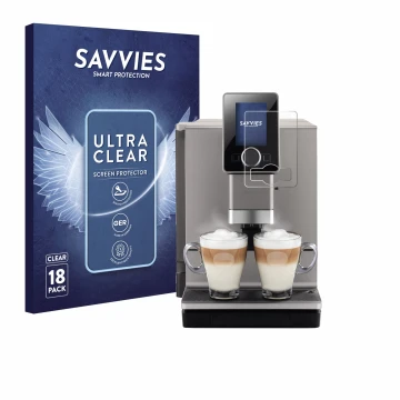 Face avant d’un emballage produit avec le logo de la marque Savvies. À côté, l’appareil Nivona NICR 930 CafeRomatica est repré
