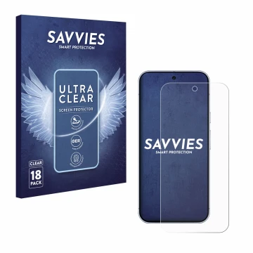 Face avant d’un emballage produit avec le logo de la marque Savvies. À côté, l’appareil Google Pixel 10 Pro XL est représenté 