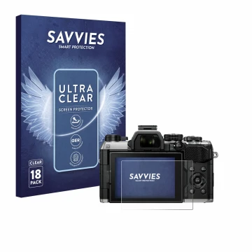 Face avant d’un emballage produit avec le logo de la marque Savvies. À côté, l’appareil Olympus OM System OM-5 Mark II est rep