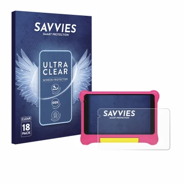 Face avant d’un emballage produit avec le logo de la marque Savvies. À côté, l’appareil Happybe Kids Tablet 7