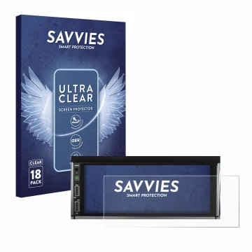 Face avant d’un emballage produit avec le logo de la marque Savvies. À côté, l’appareil Hikity Carplay 6.86