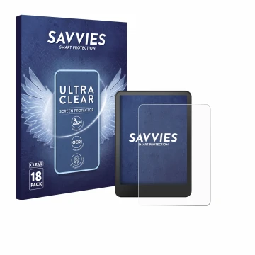 Face avant d’un emballage produit avec le logo de la marque Savvies. À côté, l’appareil Amazon Kindle Colorsoft est représenté