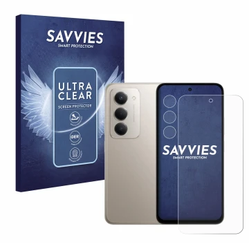 Face avant d’un emballage produit avec le logo de la marque Savvies. À côté, l’appareil Xiaomi Redmi 15 (Avant+Caméra) est rep