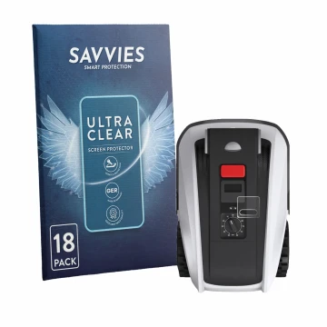 Face avant d’un emballage produit avec le logo de la marque Savvies. À côté, l’appareil Ecovacs Goat O800 RTK est représenté a