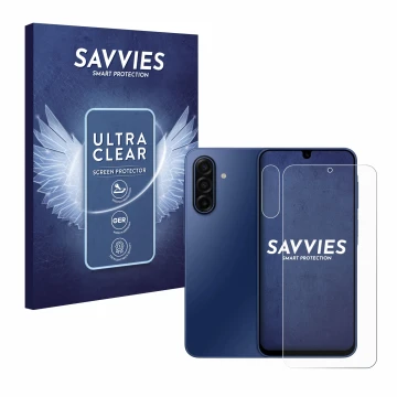 Face avant d’un emballage produit avec le logo de la marque Savvies. À côté, l’appareil Samsung Galaxy A17 5G (Avant+Caméra) e