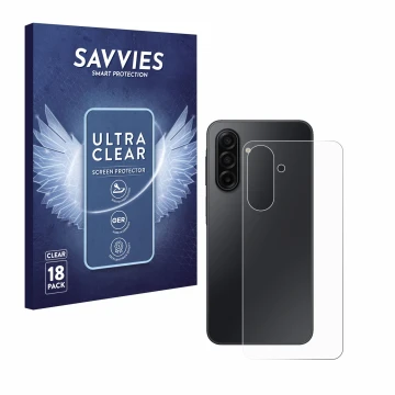 Face avant d’un emballage produit avec le logo de la marque Savvies. À côté, l’appareil Samsung Galaxy A17 5G (Arrière) est re