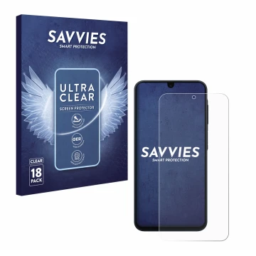 Face avant d’un emballage produit avec le logo de la marque Savvies. À côté, l’appareil Samsung Galaxy A17 4G est représenté a