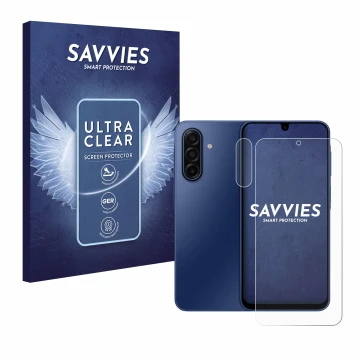 Face avant d’un emballage produit avec le logo de la marque Savvies. À côté, l’appareil Samsung Galaxy A17 4G (Avant+Caméra) e