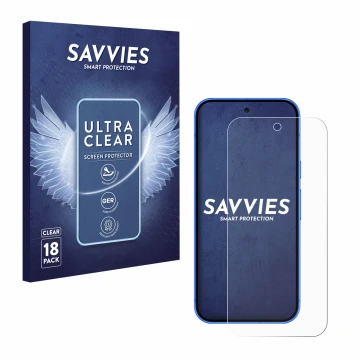 Face avant d’un emballage produit avec le logo de la marque Savvies. À côté, l’appareil Google Pixel 10 est représenté avec la