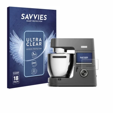 Face avant d’un emballage produit avec le logo de la marque Savvies. À côté, l’appareil Kenwood Cooking Chef KCL96.004DG est r