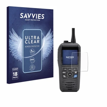 Face avant d’un emballage produit avec le logo de la marque Savvies. À côté, l’appareil Icom IC-M94D est représenté avec la pr