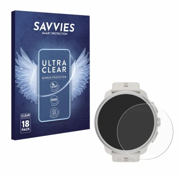 Face avant d’un emballage produit avec le logo de la marque Savvies. À côté, l’appareil Suunto Race 2 est représenté avec la p