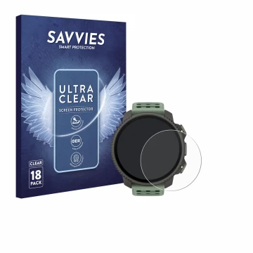 Face avant d’un emballage produit avec le logo de la marque Savvies. À côté, l’appareil Suunto Vertical 2 est représenté avec 