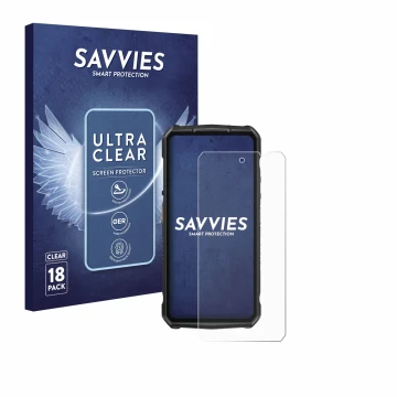 Face avant d’un emballage produit avec le logo de la marque Savvies. À côté, l’appareil Ulefone Armor 29 Ultra est représenté 