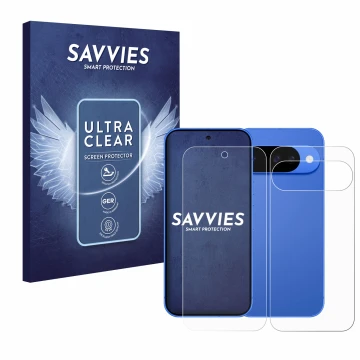 Face avant d’un emballage produit avec le logo de la marque Savvies. À côté, l’appareil Google Pixel 10 (Avant+Arrière) est re