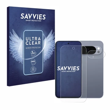 Face avant d’un emballage produit avec le logo de la marque Savvies. À côté, l’appareil Google Pixel 10 Pro (Avant+Caméra) est