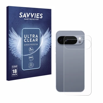 Face avant d’un emballage produit avec le logo de la marque Savvies. À côté, l’appareil Google Pixel 10 Pro XL (Arrière) est r
