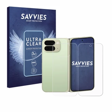 Face avant d’un emballage produit avec le logo de la marque Savvies. À côté, l’appareil Google Pixel 10 Pro Fold (Avant+Arrièr