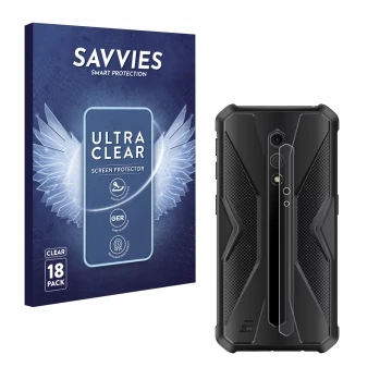 Face avant d’un emballage produit avec le logo de la marque Savvies. À côté, l’appareil Ulefone Armor X12 Pro (Caméra UNIQUEME