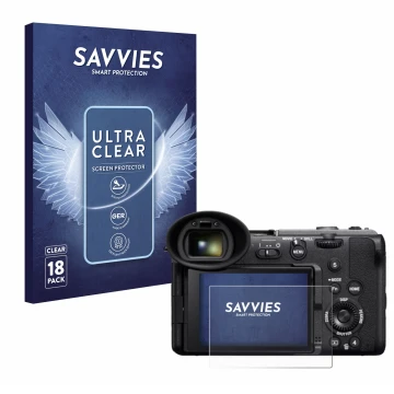 Face avant d’un emballage produit avec le logo de la marque Savvies. À côté, l’appareil Sony Cinema Line FX2 est représenté av