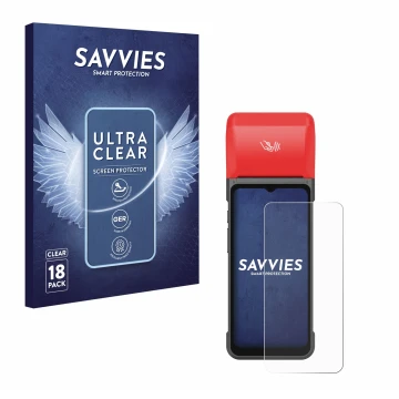 Face avant d’un emballage produit avec le logo de la marque Savvies. À côté, l’appareil iMin Swift 2 Pro est représenté avec l